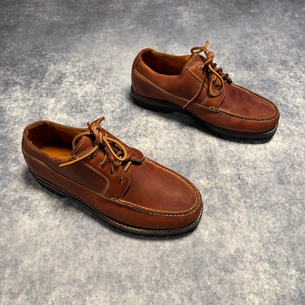 Cabelas Mens 11 EE Moc Toe Oxford Shoes Brown Leather Vibram Lug Sole Wide